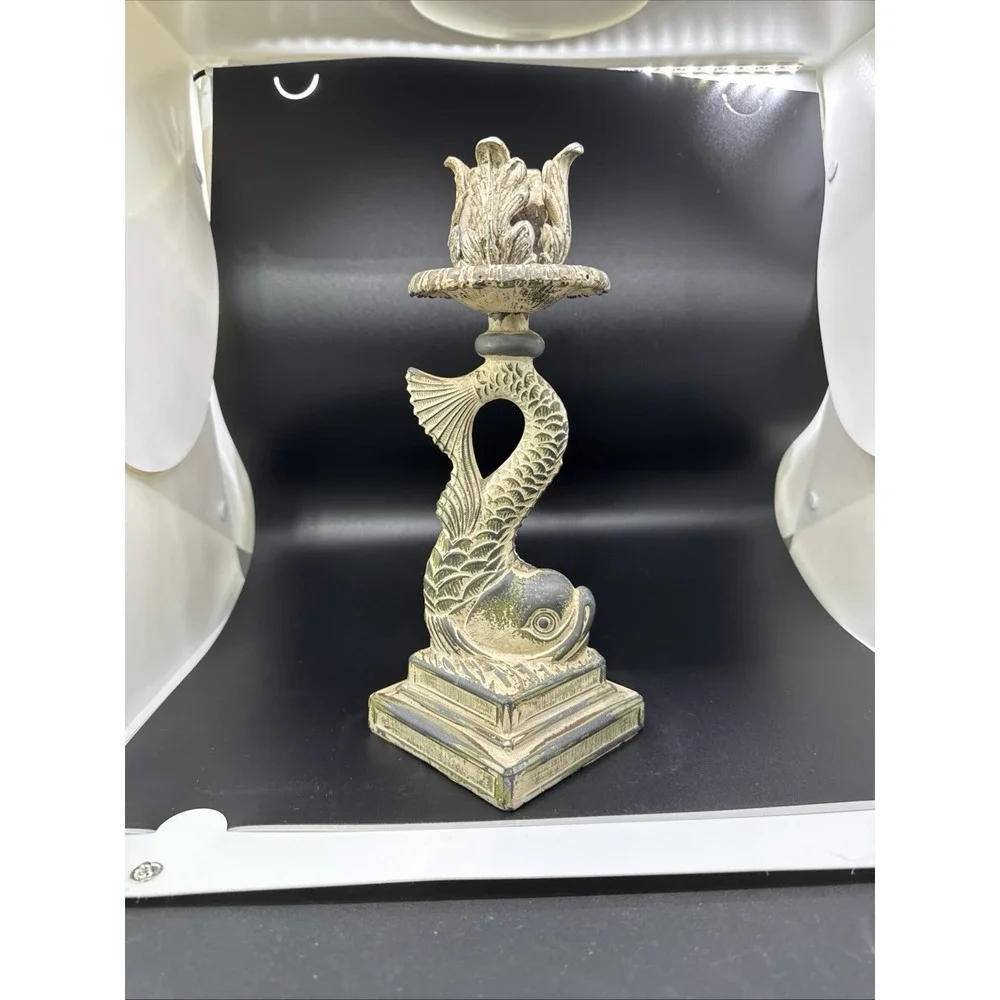 Antique Cast Iron Dolphin‎ / Koi Candlestick